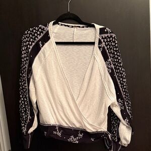 Free People White and Black Floral Wrap Top
